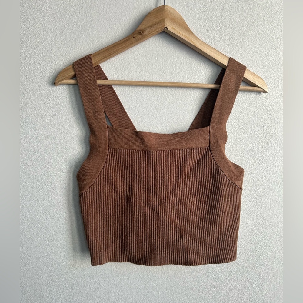 House of Harlow 1960 Brown Ribbed Knit Square Neck Crisscross Tank Crop Top XL